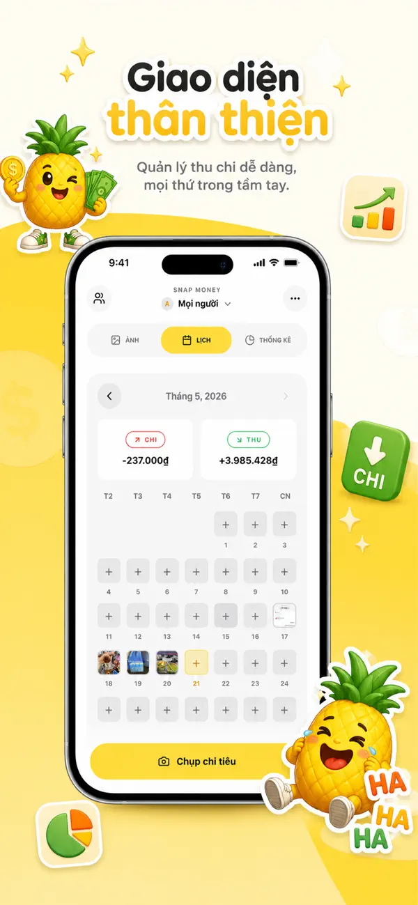 Màn hình SnapMoney quản lý thu chi bằng ảnh