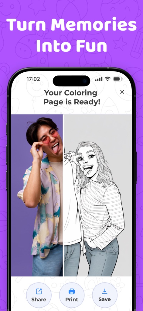 Sketchfy: Coloring Book Maker - Der Screenshot zeigt das fertige Ergebnis der Bildkonvertierung, wobei die App das Originalbild eines Menschen in eine druck- und teilbare Ausmalvorlage umgewandelt hat.