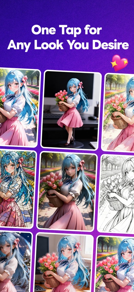 Days AI - AI Art & OC Creator - Nutzer können die immense Stilvielfalt der App erkunden, die durch eine Reihe von Illustrationen einer blauhaarigen Anime-Figur mit Tulpen in verschiedenen Posen und künstlerischen Interpretationen veranschaulicht wird.
