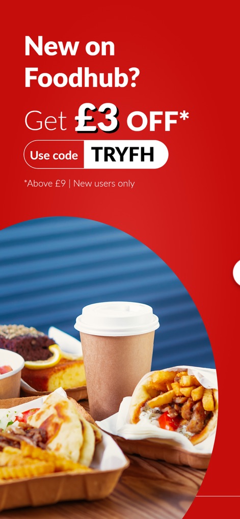 Foodhub - Online Takeaways - The app presents enticing introductory discounts, showcasing a prominent '£3 OFF' promotion and a clear 'TRYFH' coupon code for new users.