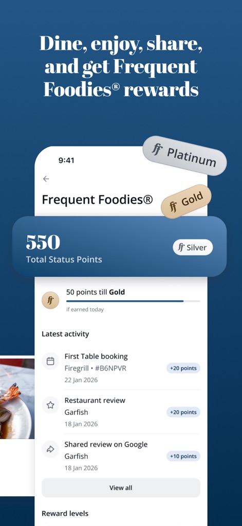 First Table - Dieser Bildschirm illustriert das "Frequent Foodies®"-Belohnungssystem, das Nutzern Statuspunkte für Aktivitäten wie Buchungen und Rezensionen vergibt, die zum Aufstieg in höhere Stufen führen.
