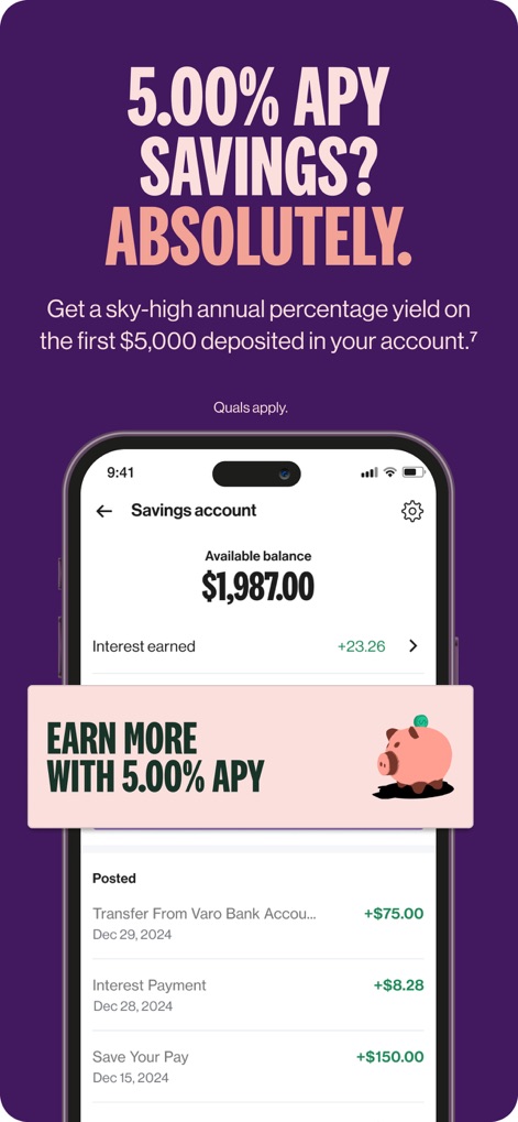 Varo Bank: Online Banking - See the 'EARN MORE WITH 5.00% APY' banner encouraging savings and the transparent 'Interest earned' amount, showcasing financial growth.