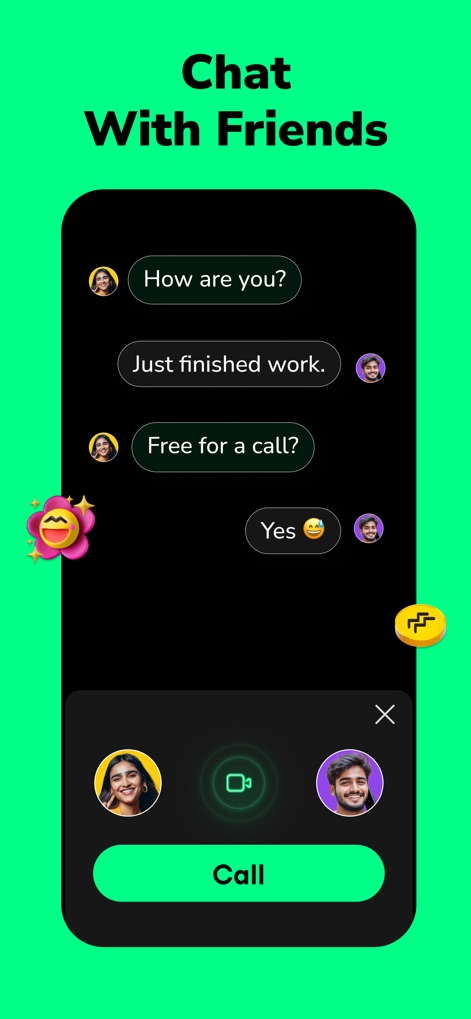 Moj: Video Live & Short Videos - Les utilisateurs peuvent échanger des messages texte dans des bulles de chat intuitives et initier des appels directs via le bouton 'Call' pour des interactions plus approfondies.