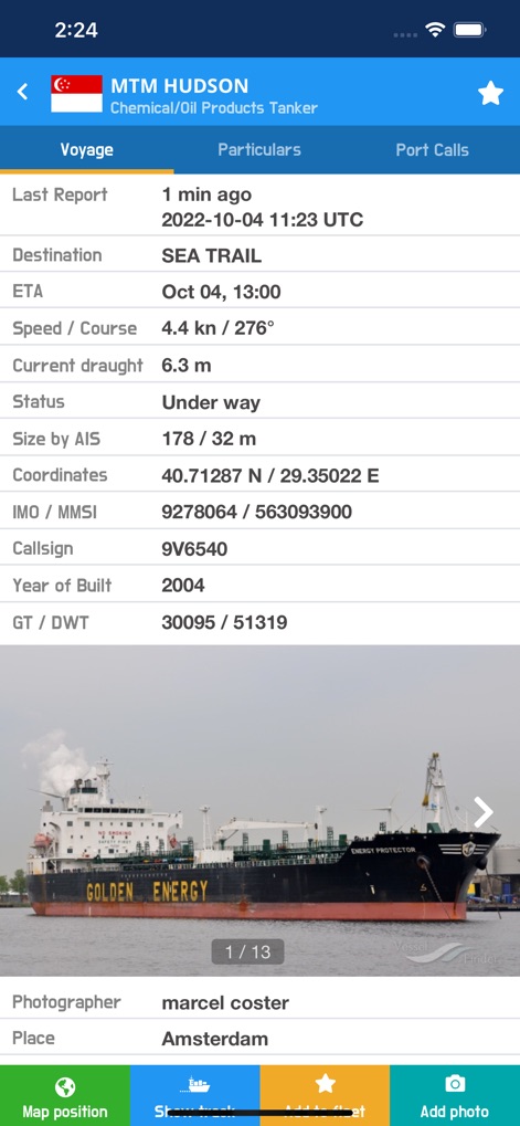 VesselFinder - Hier werden umfassende Reisedaten wie Ziel und Geschwindigkeit angezeigt, ergänzt durch hochwertige Fotos, die das Schiff "GOLDEN ENERGY" detailliert präsentieren.