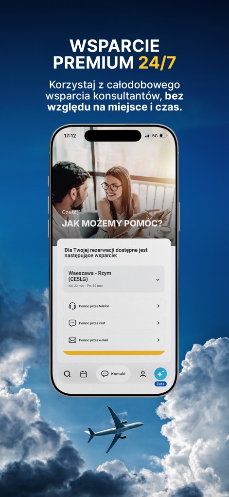 FRU - Tanie loty - Die App bietet umfassenden Support, sichtbar an den Optionen für „Pomoc przez telefon“ (Hilfe per Telefon) und „Pomoc przez czat“ (Hilfe per Chat), bezogen auf eine konkrete Buchung wie „Waeszawa - Rzym“.
