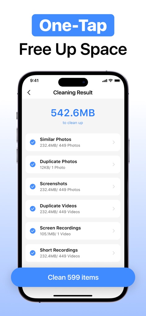 Cleaner: Phone Cleanup App - Découvrez un résumé clair du nettoyage potentiel, affichant la taille totale de l'espace récupérable (542.6MB) et la répartition détaillée par types de fichiers à supprimer, incluant les photos similaires et les enregistrements d'écran.