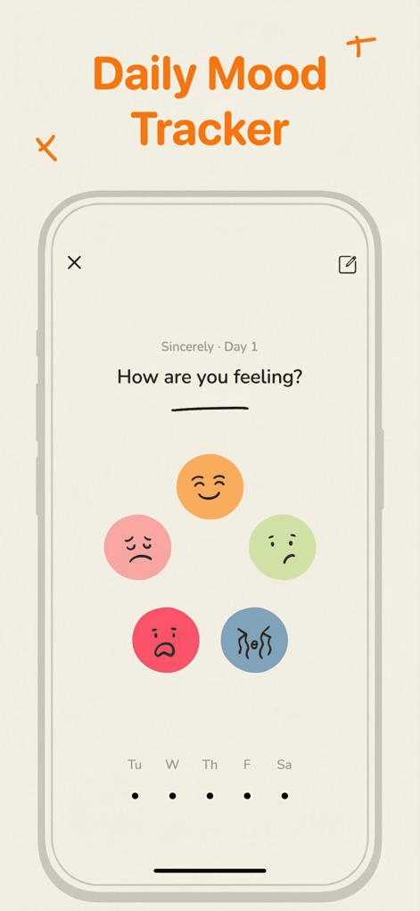 Sincerely - Off My Chest - Users can easily log their emotional state using the 'How are you feeling?' prompt with diverse emoji options and track patterns via the calendar dots below.