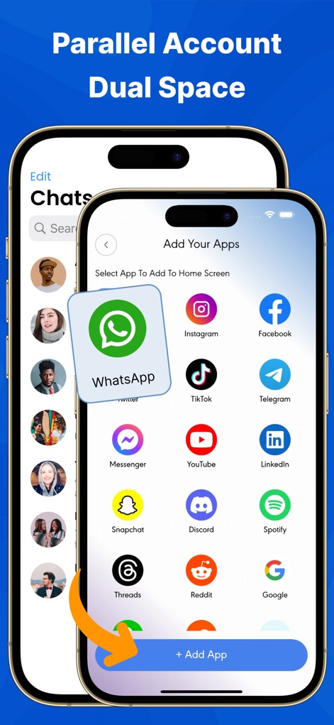 App Cloner: Dual Space - Die App ermöglicht Nutzern, ganz einfach Apps wie WhatsApp auszuwählen und über den „+ Add App“-Button zum Dual Space hinzuzufügen, um parallele Konten zu nutzen.
