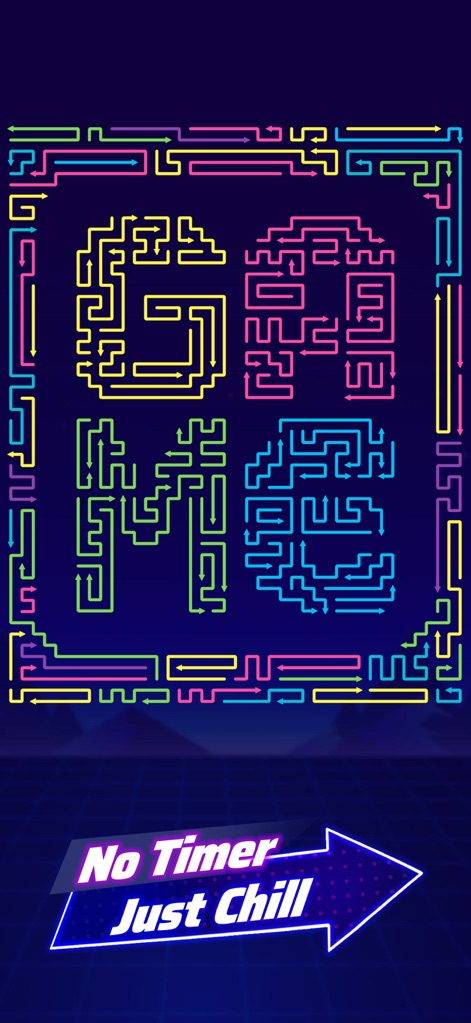 Arrow Game: Color Escape - Esta captura muestra la creatividad de los niveles, formando el texto 'GAME ME' con una atractiva paleta de colores neón, resaltando un ambiente sin presión.