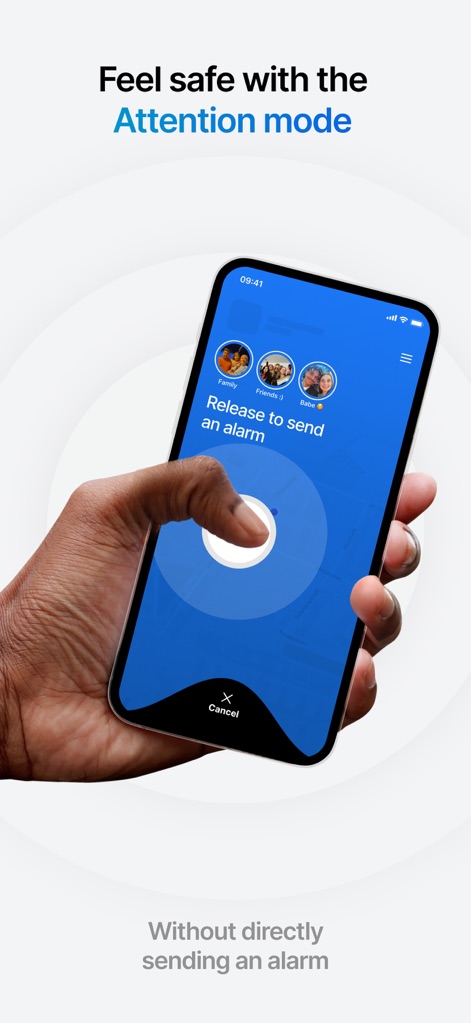 SafeNow™ - The app introduces an 'Attention mode' (depicted as a large press-and-hold button) that allows users to prepare an alarm without immediately sending it, providing a safety net before fully triggering an alert.