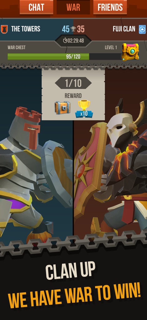 Duels - PVP game of Knighthood - The interface for strategic Clan Wars is depicted, showing real-time scores between clans and a progress bar for unlocking war chest rewards.