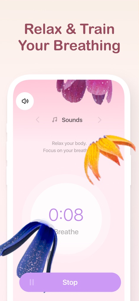 Contraction Timer +؜ - La aplicación incluye una función de meditación con un contador de respiración y un control de volumen, en un entorno visual decorado con elementos florales vibrantes.