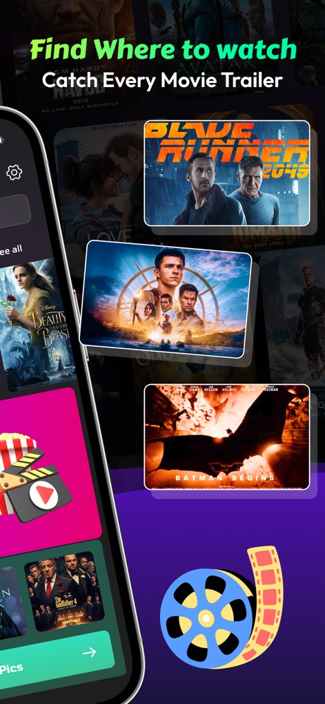 Moviebox : KDrama & Shows - This tool offers a dynamic display of various movie posters and features an intuitive clapperboard icon for quick content access.