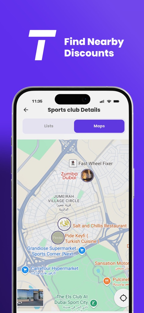 Tolaab - 이 앱은 '지도(Maps)' 보기를 통해 사용자 주변의 '줌바 두바이(Zumba Dubai)'와 같은 할인 매장의 위치를 시각적으로 보여주며, 카르푸 하이퍼마켓(Carrefour Hypermarket) 등 다양한 종류의 인근 상점들을 한눈에 파악할 수 있게 합니다.
