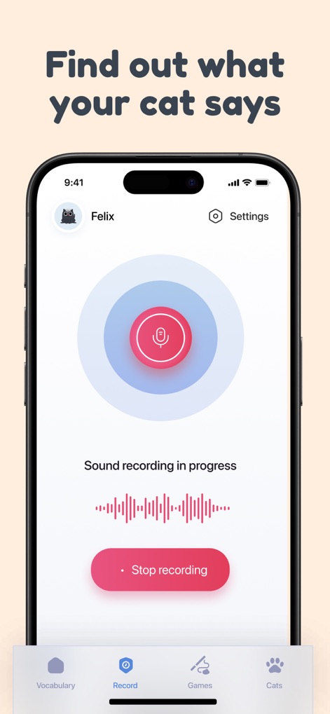 Cat Translator – Human to Pet - Users can initiate voice recording with the prominent microphone button, observing the real-time sound wave animation as they speak.
