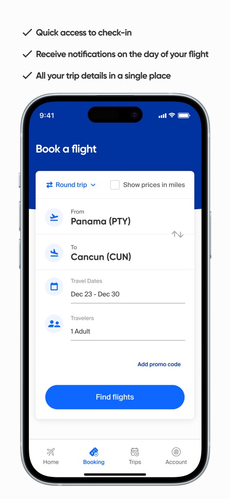 Copa Airlines - La interfaz de reserva destaca por su claridad, permitiendo a los usuarios seleccionar fácilmente el tipo de viaje y las fechas deseadas para encontrar vuelos de manera eficiente.