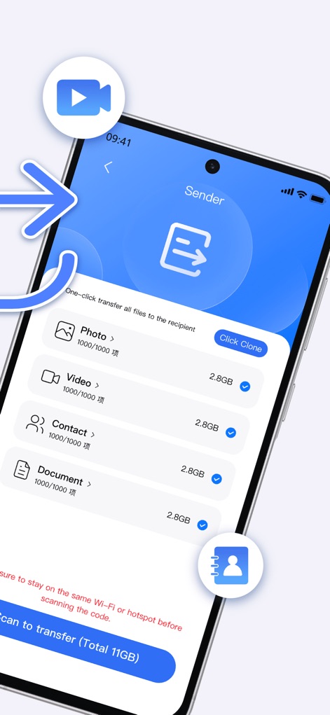 Data Transfer Move to OS - Explore the app's 'Click Clone' functionality and its comprehensive support for various data types, from photos and videos to contacts and documents, ensuring all data is moved.