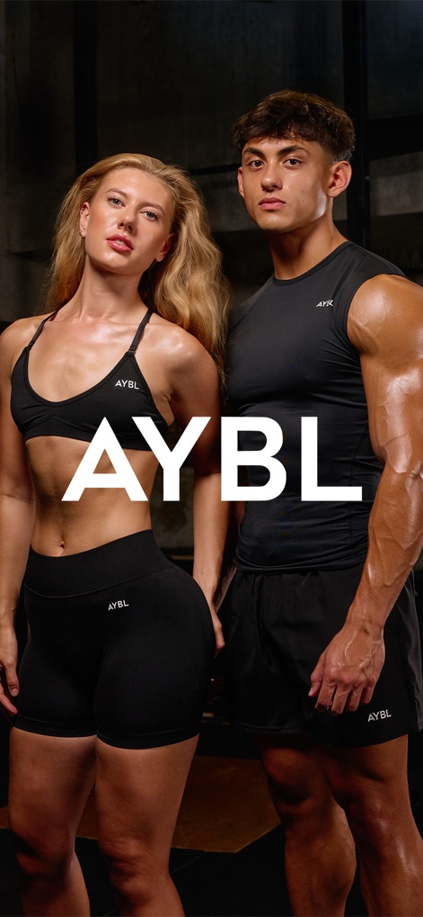 AYBL - La aplicación se presenta con su identidad de marca clara y un enfoque en el estilo, mostrando a dos modelos luciendo "prendas de fitness" de la marca AYBL.