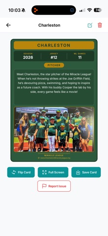 Charleston Miracle League Card screenshot