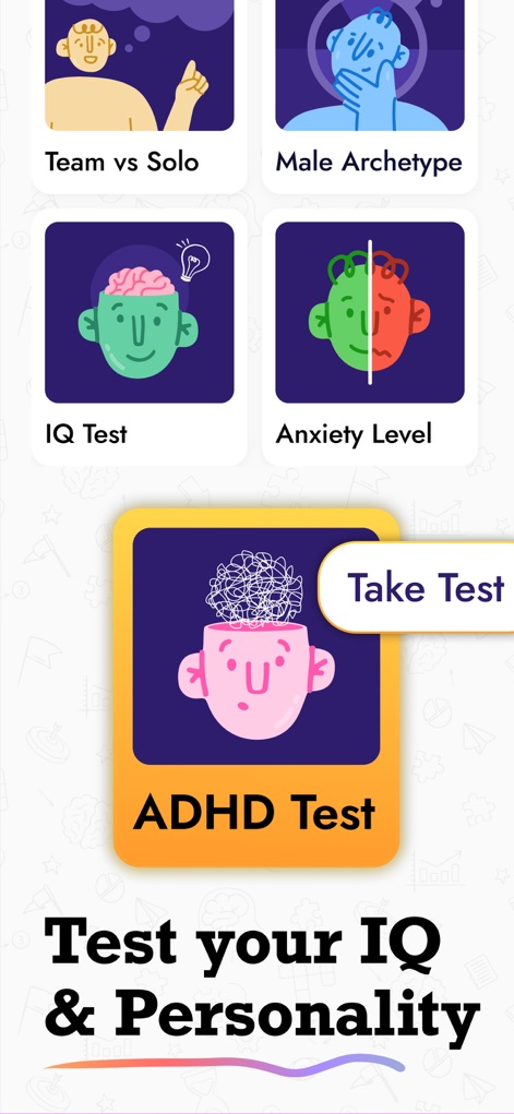 IQ Masters: Brain Games, Tests - Discover a range of self-assessment tools, such as the 'ADHD Test' and comprehensive 'IQ Test,' designed to explore individual personality traits and cognitive strengths.