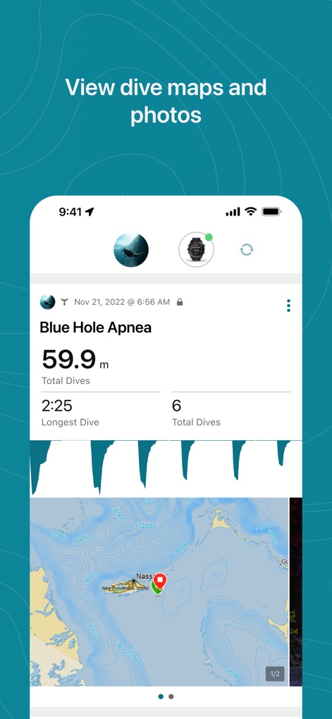 Garmin Dive™ - Esta herramienta presenta un historial claro de las inmersiones de apnea, destacando la profundidad total y el número de inmersiones, y visualizando la ubicación del buceo en un mapa detallado.