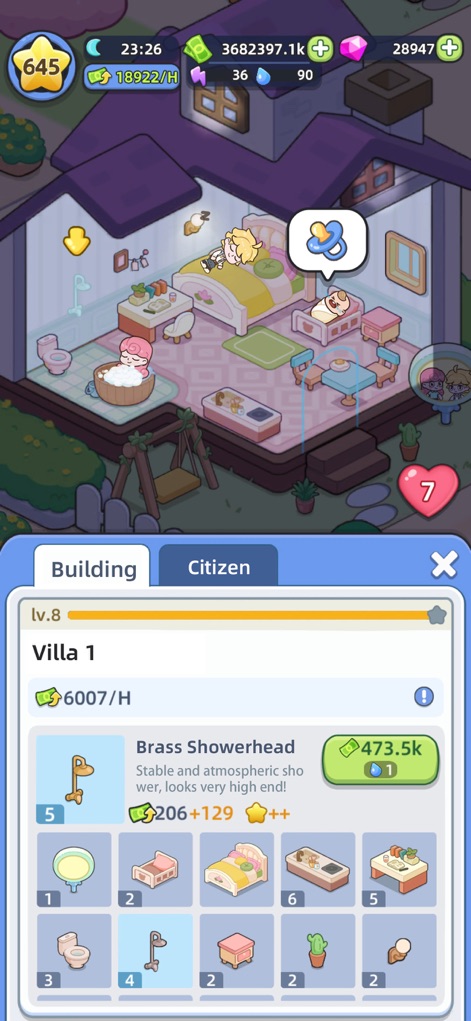 Happy Citizens - Mayor Sim - This scene highlights intimate citizen family life, including a baby in its crib, alongside a robust "Building" menu offering diverse interior decoration items and amenities.