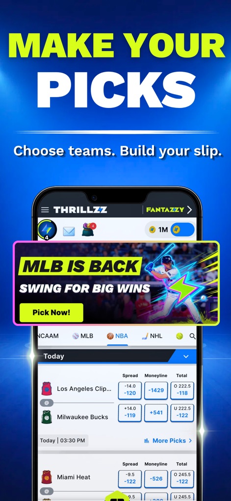 Thrillzz Fun Social Sportsbook - Die App ermöglicht eine intuitive Tippabgabe für verschiedene Ligen, wie den "MLB is back"-Banner zeigt, und präsentiert übersichtliche Wettoptionen mit Quoten für NBA-Spiele.