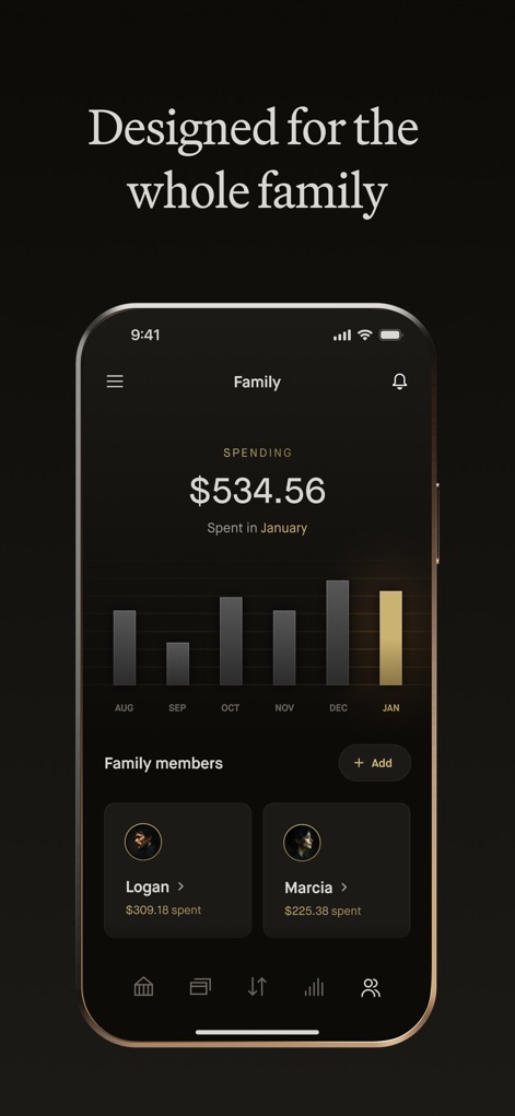 Robinhood Banking - Users can effectively manage family finances, evident from the detailed spending graph and the individual tracking for family members like Logan and Marcia.
