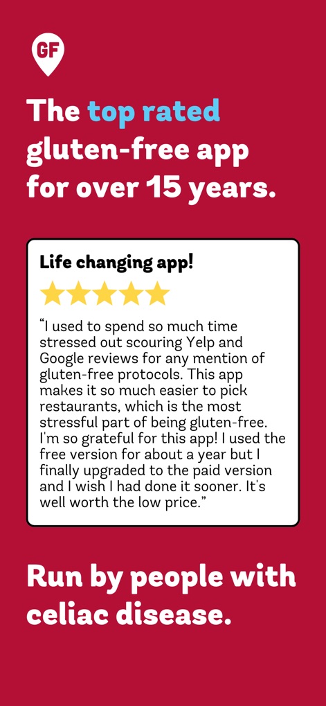 Find Me Gluten Free - The app highlights its strong user satisfaction through genuine testimonials, displaying a 5-star rating and heartfelt feedback from individuals with celiac disease.