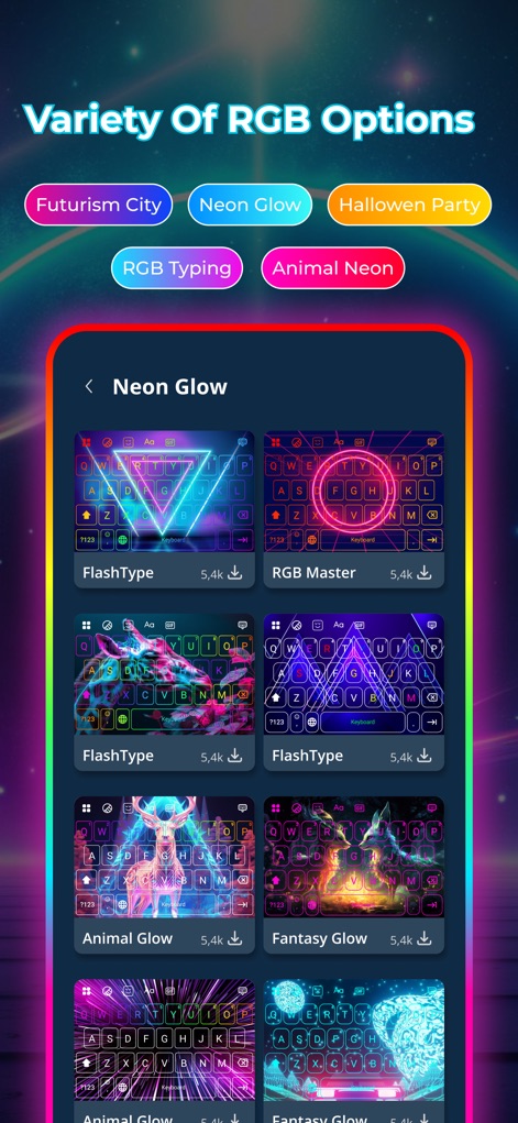 LED Keyboard - RGB Theme - Discover an extensive library of customizable themes, easily organized by category, offering diverse visual aesthetics like 'Neon Glow' and 'Futurism City'.