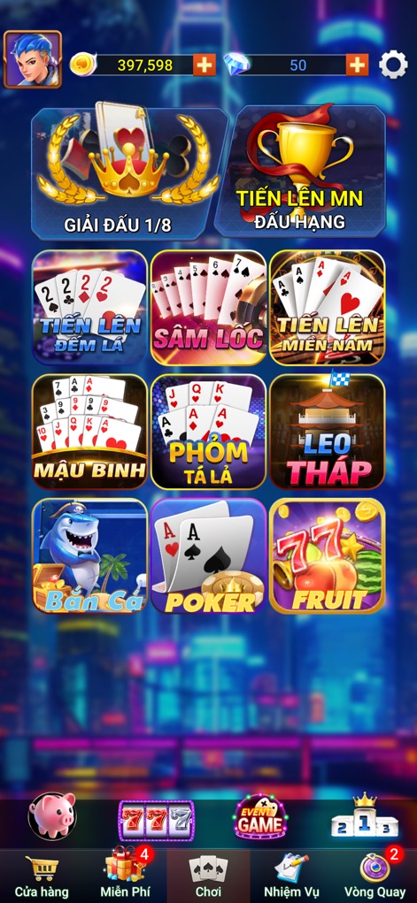 Tiến Lên Offline - Phỏm, Tá Lả - Esta tela principal destaca a ampla seleção de jogos, com ícones visuais para "Tiến Lên Miền Nam" e "Mậu Binh", e banners para torneios.