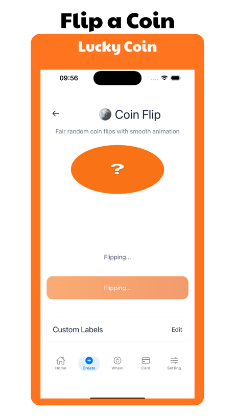Wheel of Names: Random Picker App Store screenshot 5, headline “Flip a Coin”. Subline adds a second benefit.