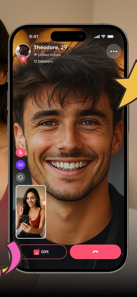 HIYAK - Video Chat & Live Call - La schermata cattura una vivace videochiamata uno-a-uno, mostrando Theodore di 29 anni dagli Stati Uniti in primo piano, mentre la piccola finestra in sovrimpressione indica l'interlocutore, mettendo in risalto la connessione istantanea e i dettagli del profilo utente.