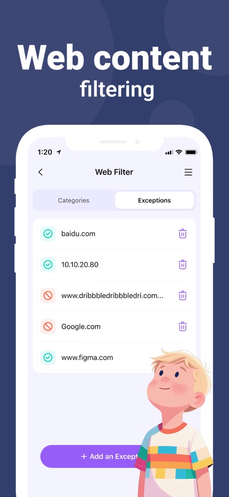 FamiSafe: Parental Control App - La herramienta permite un "Web Filter" detallado con listas de sitios web específicos para bloquear o permitir, y facilita la adición de "Add an Exception".