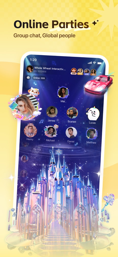 Wefun - Chat, Party and Game - 이 스크린샷은 다수의 사용자 아바타가 참여하는 환상적인 성 테마의 인터랙티브 룸을 보여주며, 몰입감 있는 가상 파티 경험을 제공합니다.