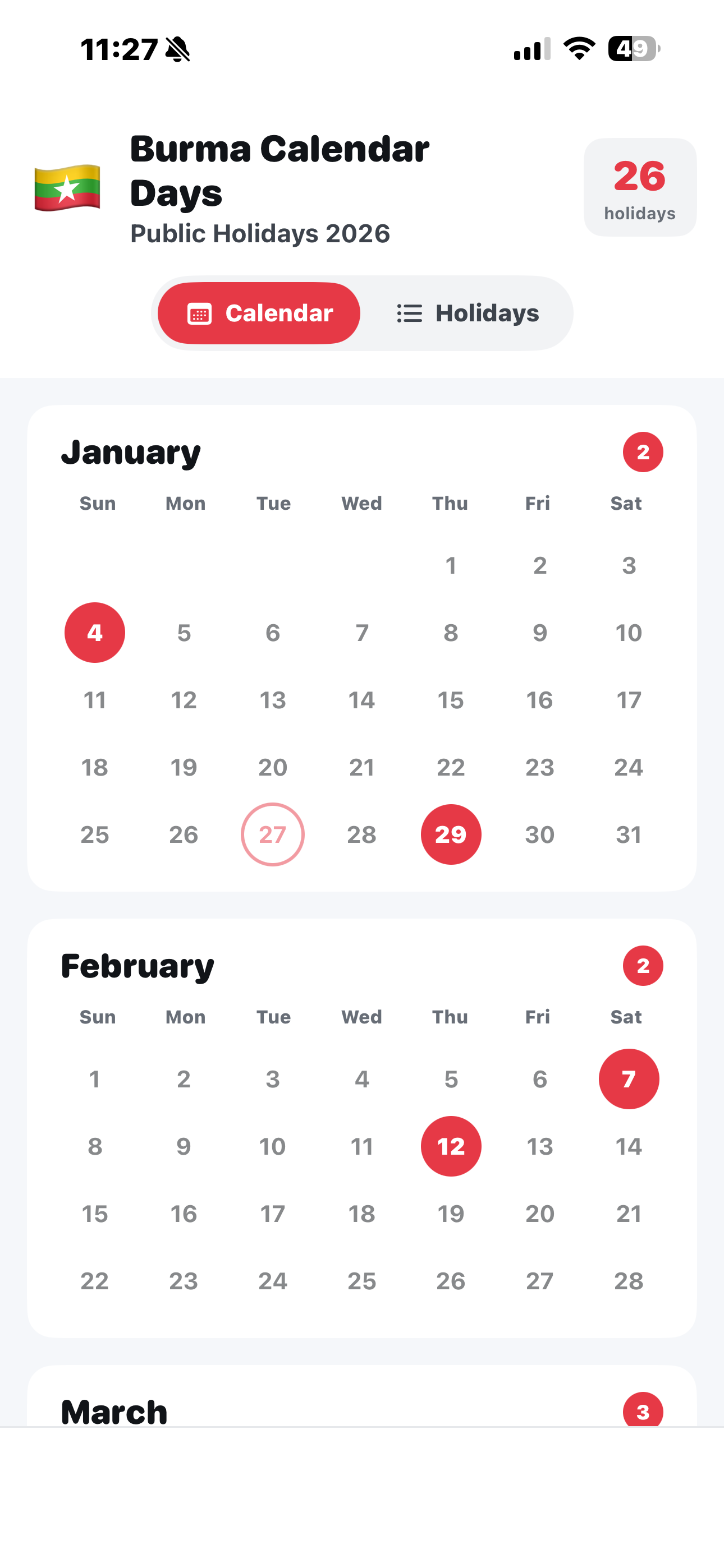 Burma Calendar Days