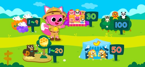 Pinkfong Numbers Zoo: Kid Math - この広々とした画面は、アプリが提供する数々の学習ステージを視覚的に示しています。ユーザーは、1桁の数字から始まり、最終的に100までの大きな数字をマスターするまでの進捗を把握できます。