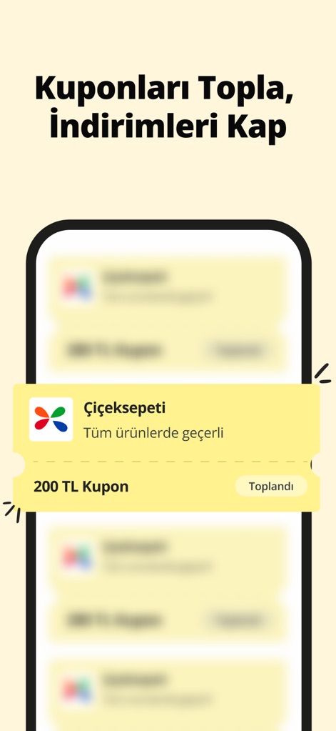 Çiçeksepeti - Çiçek & Hediye - Les utilisateurs peuvent collecter des coupons exclusifs et être alertés des réductions, comme le coupon de 200 TL visible dans l'interface.