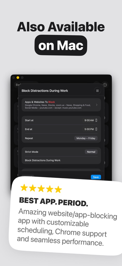 Refocus: Block Apps & Websites - O aplicativo demonstra sua compatibilidade multiplataforma, exibindo a interface do Refocus para Mac com opções de bloqueio e agendamento, além de uma avaliação entusiasmada de um usuário que o descreve como "BEST APP. PERIOD.".
