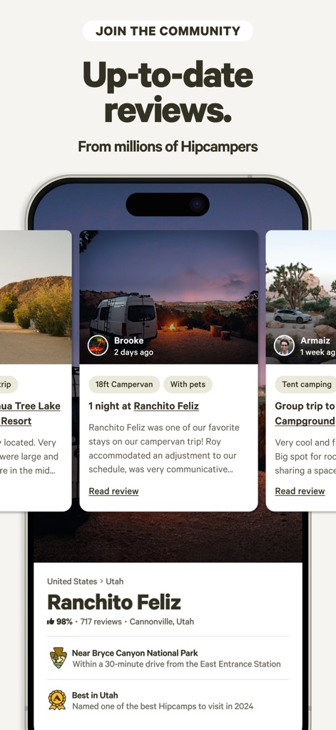 Hipcamp: Camping, RVs & Cabins - L'application offre un aperçu des expériences d'autres campeurs grâce à des "reviews" détaillées, complétées par des photos réelles et des évaluations par étoiles pour des lieux comme "Ranchito Feliz", permettant une meilleure prise de décision.