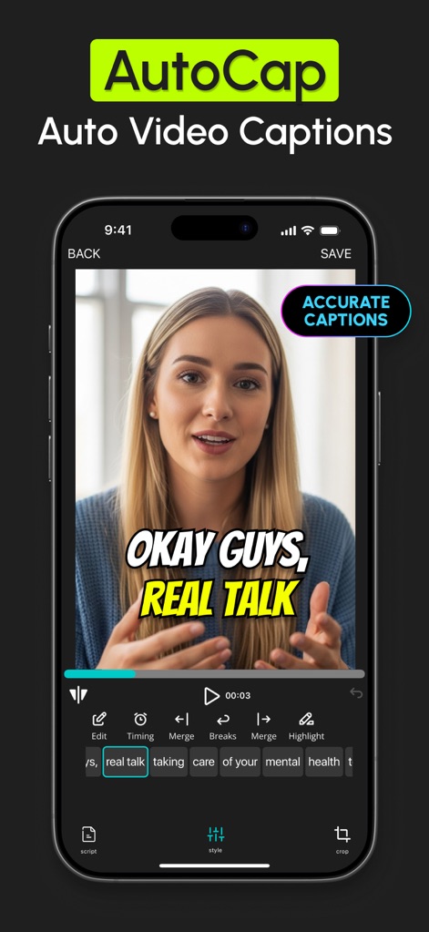 AutoCap: Auto Video Captions - Esta ferramenta oferece legendas instantâneas de vídeo com alta precisão, como evidenciado pela bolha "ACCURATE CAPTIONS", e permite aos usuários editar legendas individualmente através da interface detalhada na parte inferior.