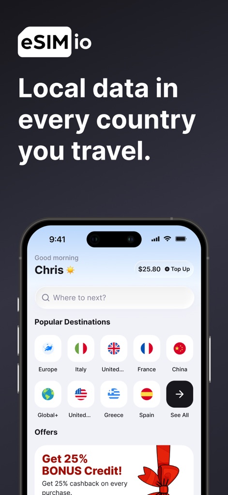 eSIM io: Global SIM Card - ユーザーは、目的地の検索機能と「人気のある目的地」の国旗アイコンから、次の旅先を簡単に探すことができます。