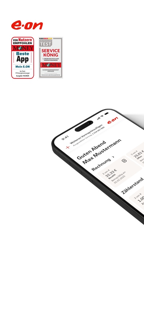 Mein E.ON - The app offers a clear dashboard for managing energy contracts, showcasing current bills ('Rechnung') and providing direct access to meter readings ('Zählerstand').