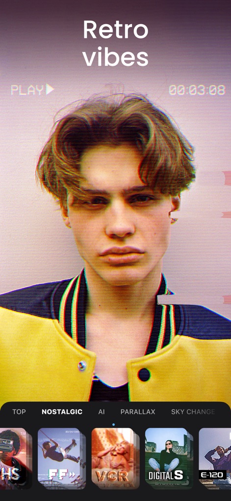 Video Maker & Editor: Dizzi AI - Dive into a collection of retro vibes with the "Nostalgic" filter category, offering classic looks and vintage effects such as "E-120" to evoke a bygone era.