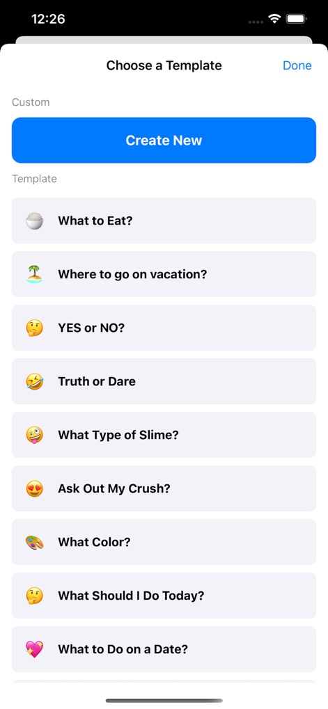 Spin The Wheel - Make Decision - Esta tela permite aos usuários escolher entre uma lista de templates pré-definidos, como 'What to Eat?' e 'YES or NO?', ou usar o botão 'Create New' para personalizar suas próprias roletas.