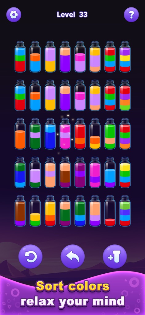 Water Sort Master! - This full-screen view reveals a vast grid of small bottles, each filled with vibrant liquids, and explicitly states the goal to "Sort colors relax your mind."