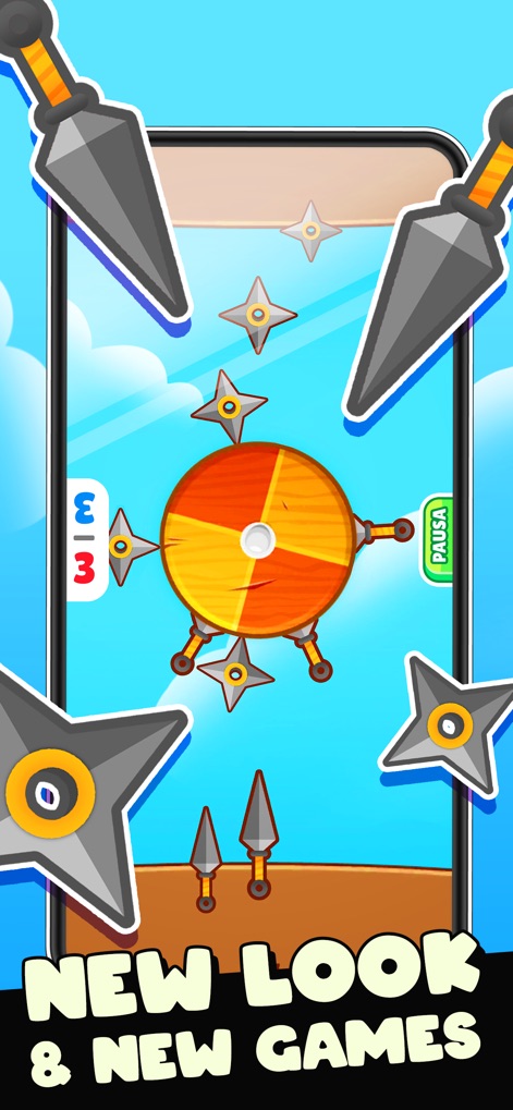 2 Player Games - Pastimes - 이 화면은 닌자 테마의 표창 던지기 게임을 보여주며, 사용자는 회전하는 과녁에 정확히 표창을 던져 목표물을 맞추는 도전적인 플레이를 즐길 수 있습니다.