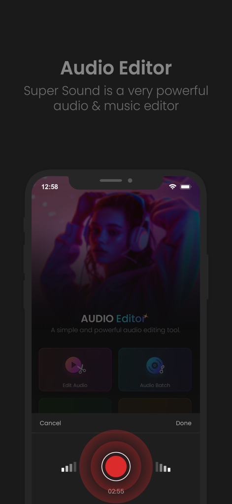AudioLab Audio Editor Recorder - Esta herramienta ofrece la posibilidad de 'Edit Audio' (editar audio) o 'Audio Batch' (procesamiento por lotes), junto con un prominente botón de grabación rojo que muestra una representación visual del nivel de audio.