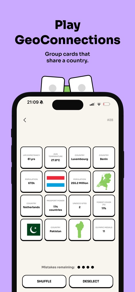 Geotrivia: Geography Games - Die Ansicht präsentiert das GeoConnections-Feature, das Nutzer auffordert, zusammengehörige geografische Elemente wie die Lebenserwartung oder "Passport Power" zu gruppieren, unterstützt durch Schaltflächen zum "SHUFFLE" und "DESELECT".