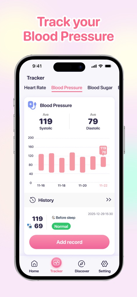 Health Monitor: Blood Pressure - O aplicativo permite o acompanhamento detalhado da pressão arterial, exibindo os "valores médios sistólico e diastólico" e um "gráfico de histórico" intuitivo para análise de tendências.